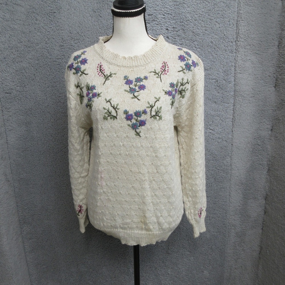 Vtg Northern Reflections Floral Embroidered Sweater Women M Cream Cottagecore